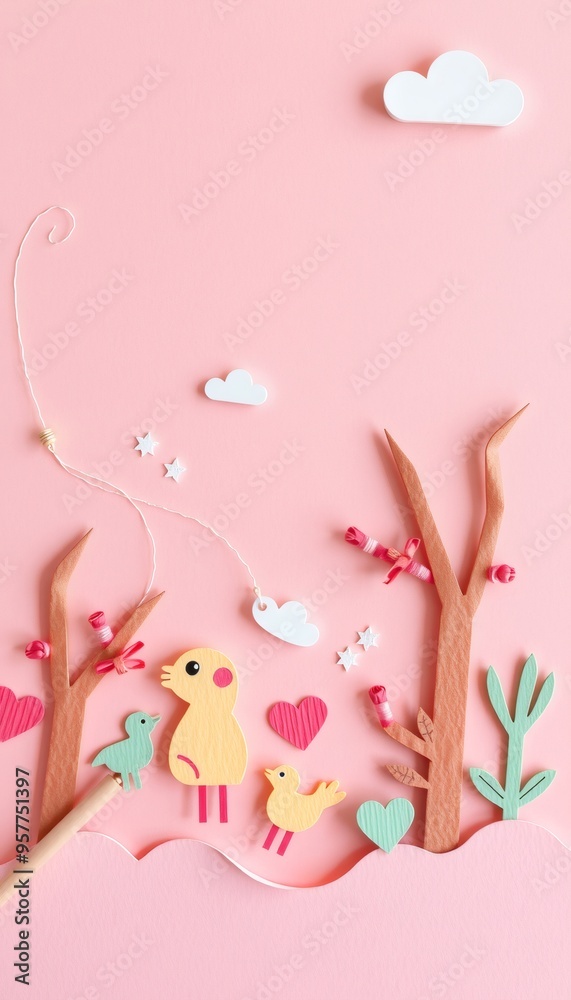 Paper cut-out of birds and trees on a pink background. Paper cut-out of birds and trees on a pink background.
