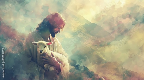 Jesus holding a lamb in a misty digital valley