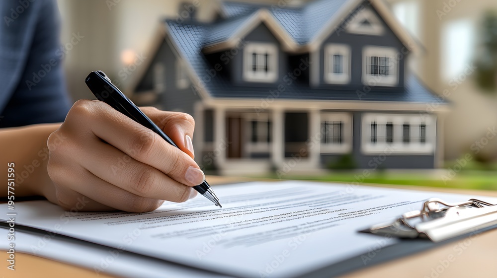Fototapeta premium Hands of a homeowner signing a refinance agreement, close-up shot, luxurious home interior in the background, natural lighting, soft bokeh effect