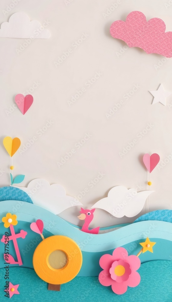 Colorful paper craft with a pink flamingo, flower, and stars on a blue background. Colorful paper craft with a pink flamingo, flower, and stars on a blue background.