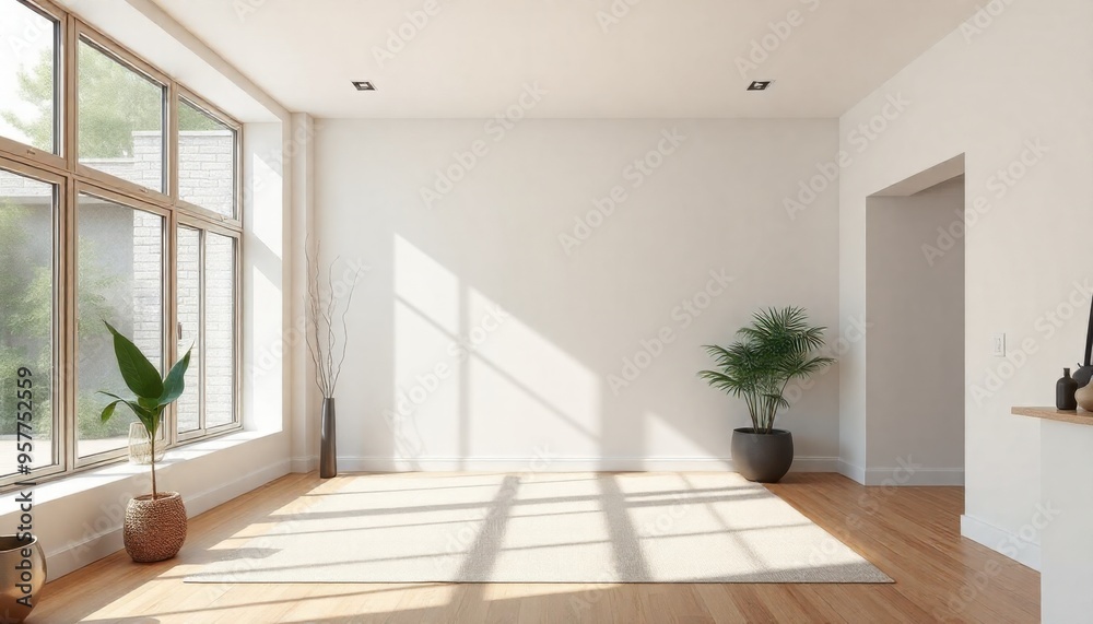 a contemporary styled room with ample natural light, neutral tones, and clean lines showcasing an empty wall as the focal point