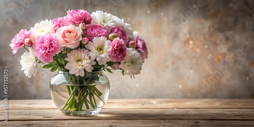 Beautiful pink and white flowers in a crystal vase on a wooden table , floral arrangement, vase, interior decoration