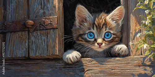 A kitten with blue eyes, peering out from behind the wooden door of an old house, generative AI
