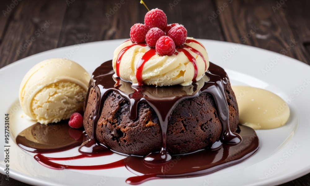 A decadent chocolate lava cake with a gooey center, accompanied by a scoop of vanilla ice cream and a drizzle of raspberry sauce. A decadent chocolate lava cake with a gooey center, accompanied by a scoop of vanilla ice cream and a drizzle of raspberry sauce.