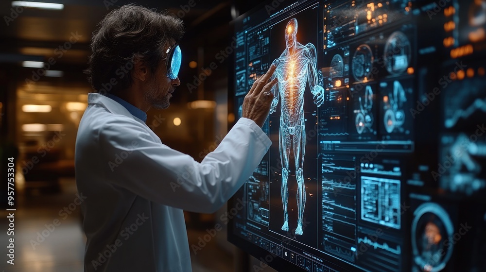Doctor Interacting with 3D Human Model on Screen