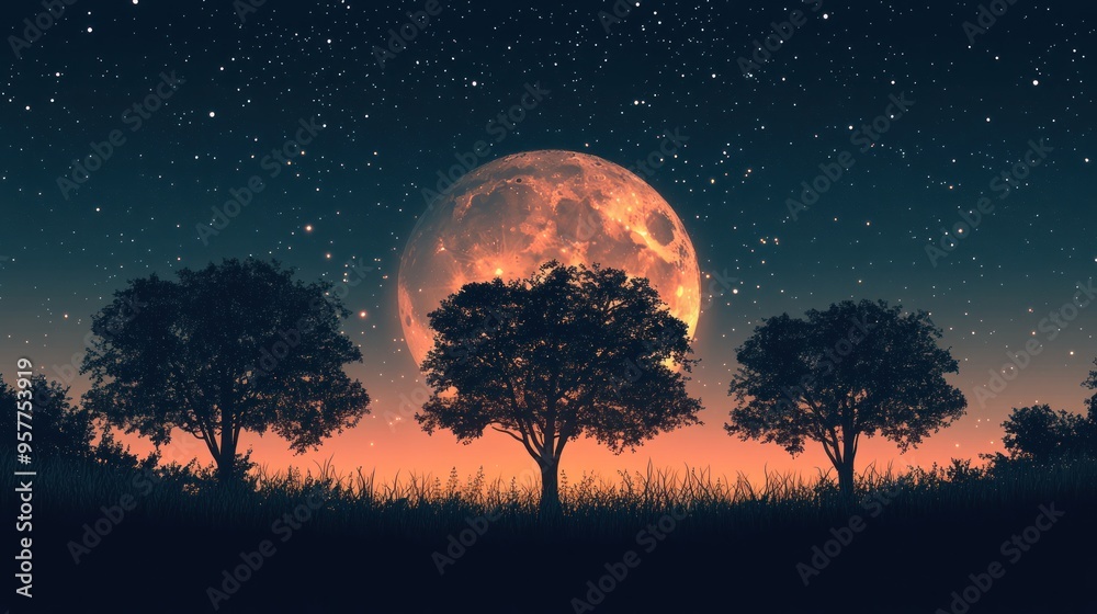 Silhouetted Trees Under a Full Orange Moon and Starry Sky Silhouetted Trees Under a Full Orange Moon and Starry Sky