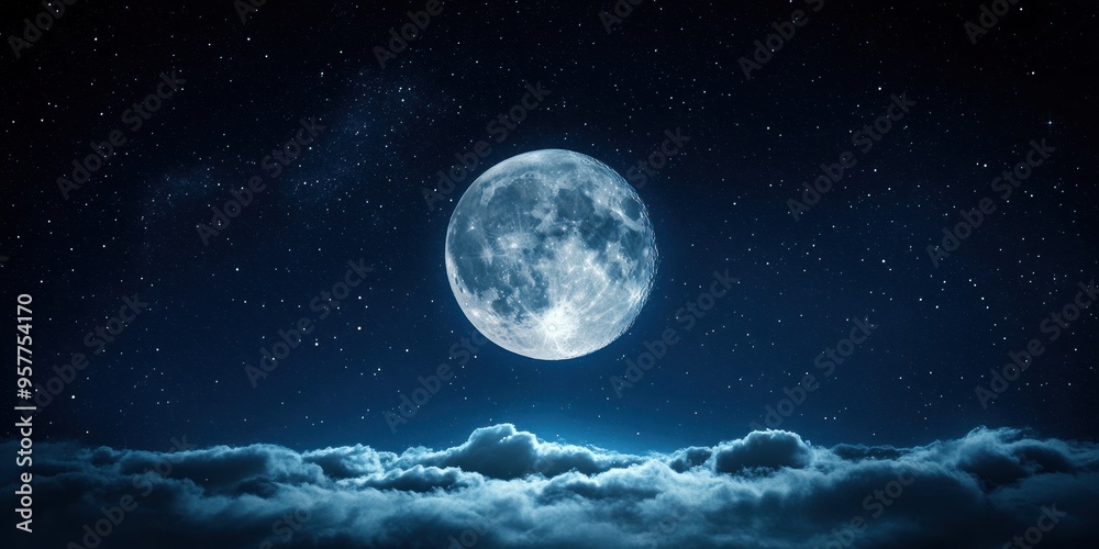 Full Moon Rising Over a Sea of Clouds in a Starry Night Sky Full Moon Rising Over a Sea of Clouds in a Starry Night Sky