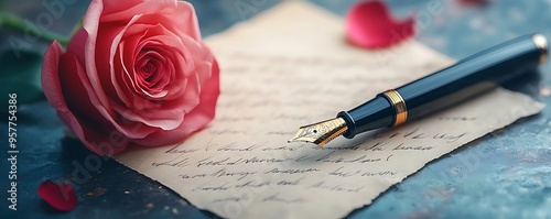 Pink Rose and Fountain Pen on Old Letter - Realistic Photo