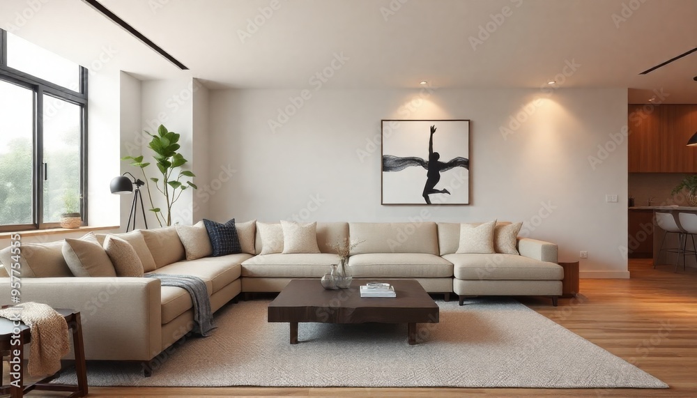 Fototapeta premium a modern living room with a neutral color palette, featuring a large beige sectional sofa, a wooden coffee table, and an abstract monochrome artwork on the wall
