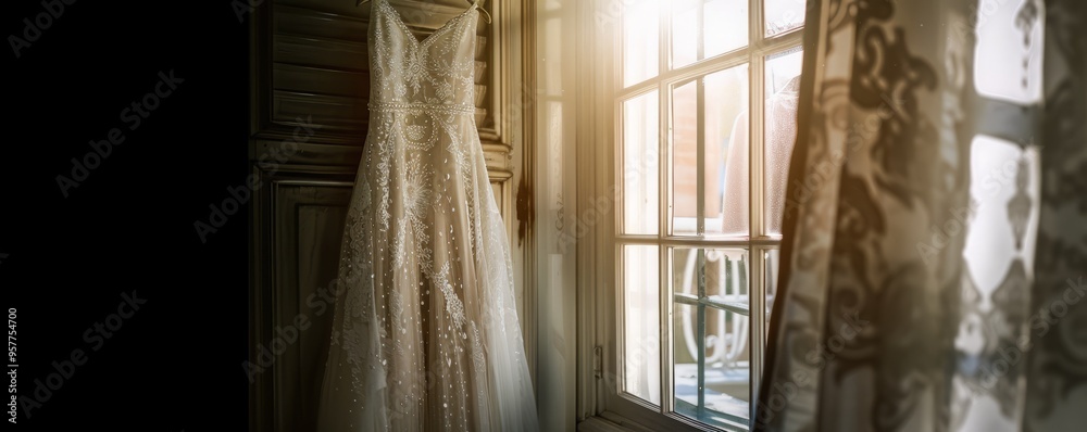 Bride's dress hanging in a window, 4K hyperrealistic photo Bride's dress hanging in a window, 4K hyperrealistic photo