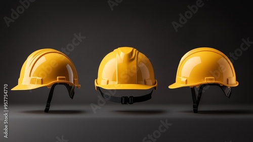 Safety First: A Trio of Yellow Hard Hats on Guard: Three vibrant yellow hard hats stand vigilant against a stark dark background, emphasizing the importance of workplace safety and protection.  photo