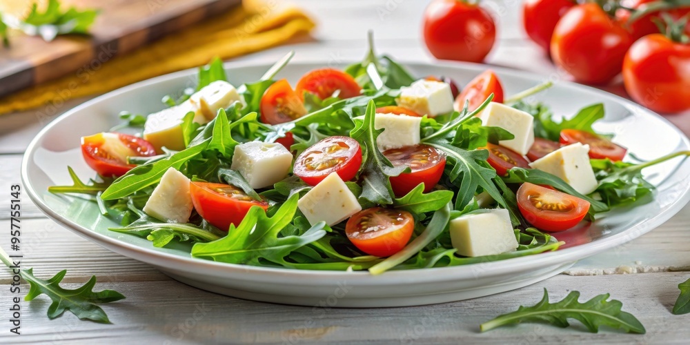 Fresh salad made with arugula, juicy tomatoes, and cheese on a white plate, salad, arugula, tomatoes, cheese, fresh, healthy Fresh salad made with arugula, juicy tomatoes, and cheese on a white plate, salad, arugula, tomatoes, cheese, fresh, healthy