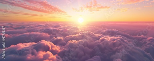 Sunrise painting the clouds with streaks of pink and orange, 4K hyperrealistic photo