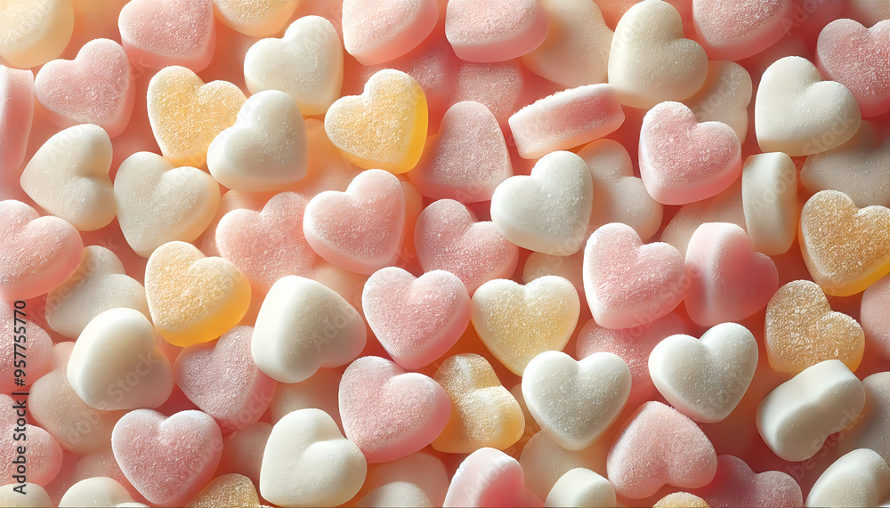 Powdered Heart-Shaped Gummy Candies in Soft Pastel Spread Powdered Heart-Shaped Gummy Candies in Soft Pastel Spread