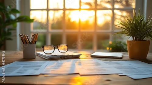 A modern home office setting with financial documents spread out, highlighting a discussion on title insurance and legal fees during a home loan refinance process