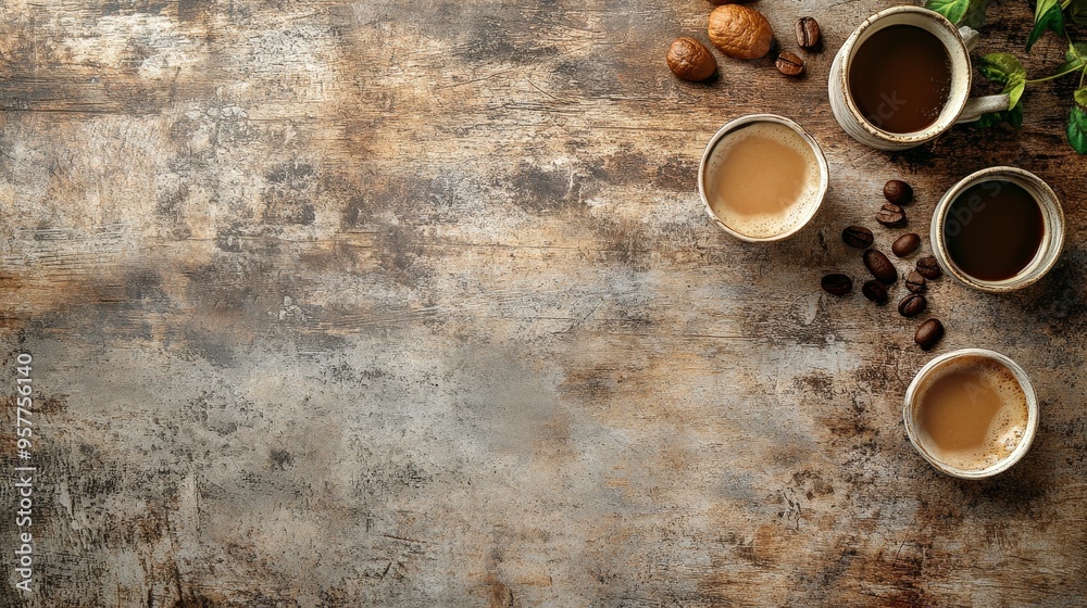 Cozy Coffee Scene on Rustic Wooden Table with Neutral Background Cozy Coffee Scene on Rustic Wooden Table with Neutral Background