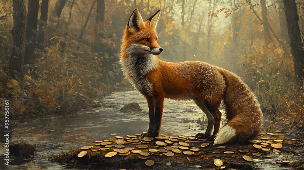 Fototapeta premium A curious fox standing on a few scattered coins, its tail curled around its body, with a rustic woodland setting and a gentle stream running through the background