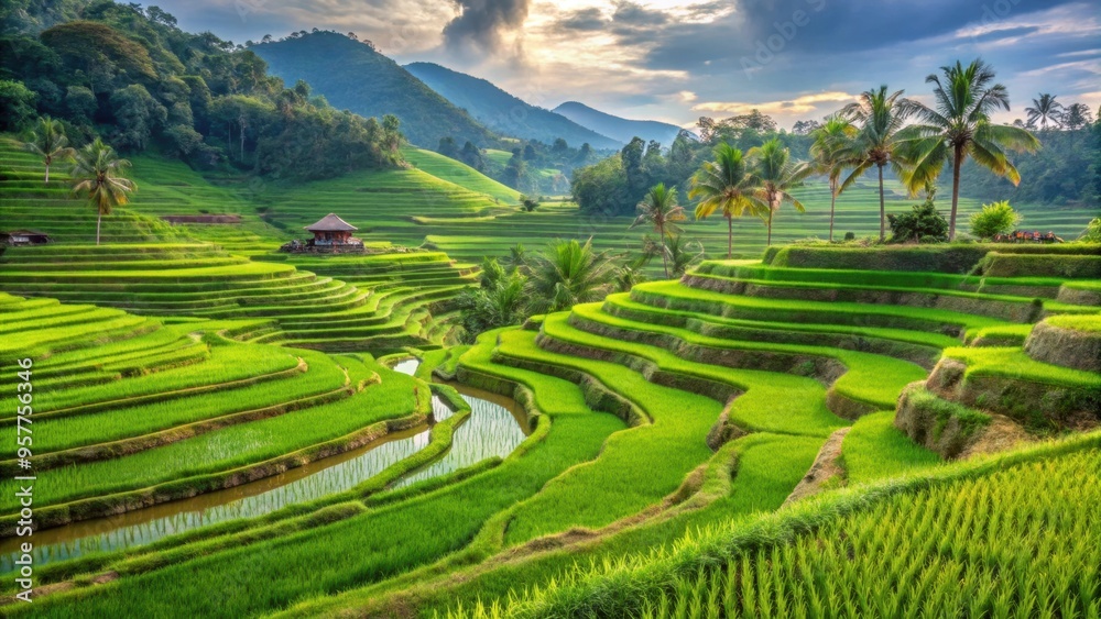 Fototapeta premium Scenic view of lush rice fields in the background, agriculture, rural, landscape, green, scenery, beauty, nature