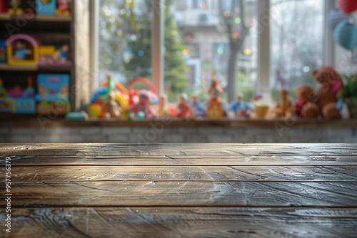 An empty table sits in front of a blurred background of a shelf filled with children's toys and a window, creating a warm and inviting atmosphere 