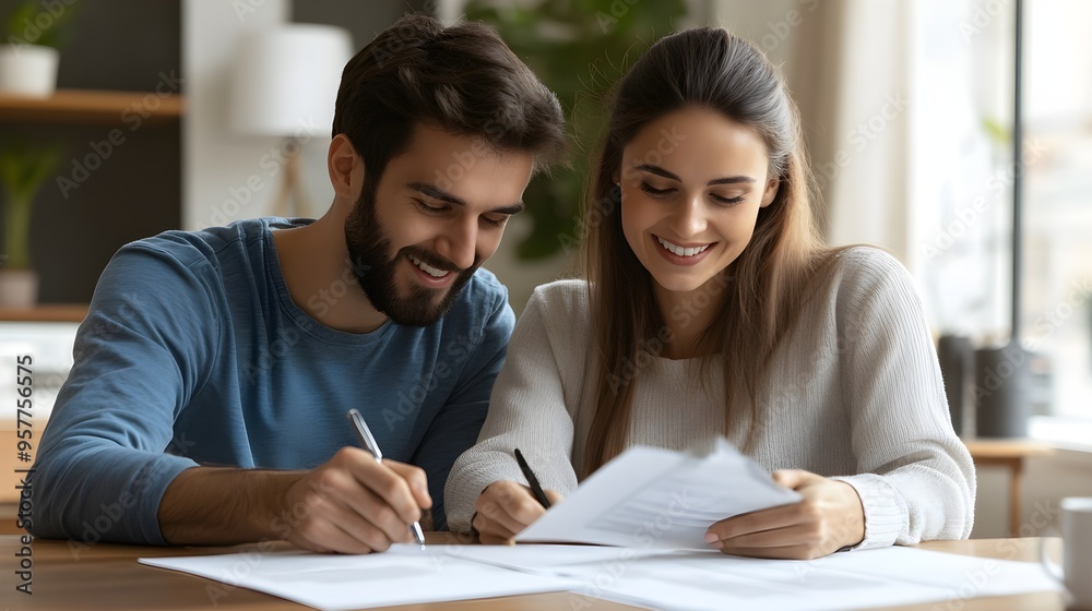 A young couple signs real estate investment papers, excitedly planning their future, with a background of modern, upscale residential properties A young couple signs real estate investment papers, excitedly planning their future, with a background of modern, upscale residential properties