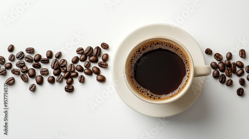 Elegant Coffee Cup Arrangement with Scattered Beans - Natural and Sophisticated Composition for Cafe Vibes