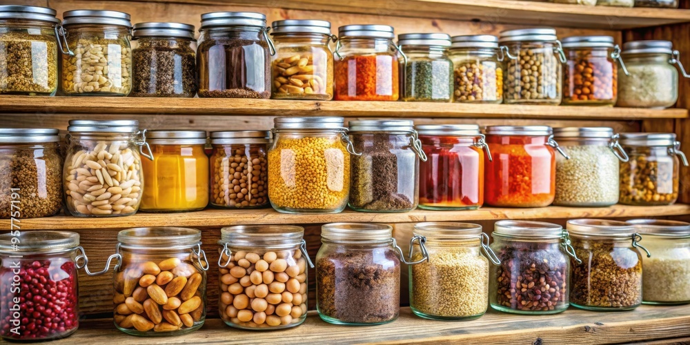 Glass jars filled with various dry foods on wooden shelves , pantry, storage, organization, kitchen, ingredients, containers, cooking Glass jars filled with various dry foods on wooden shelves , pantry, storage, organization, kitchen, ingredients, containers, cooking