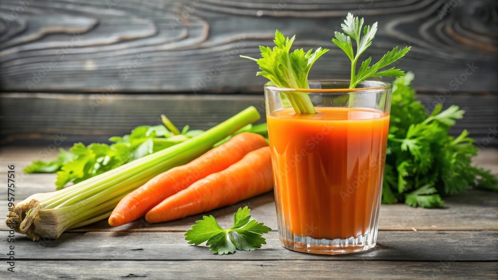 Fresh carrot juice in a glass surrounded by celery stalks and leaves, healthy, beverage, drink, organic, vegetable, detox Fresh carrot juice in a glass surrounded by celery stalks and leaves, healthy, beverage, drink, organic, vegetable, detox