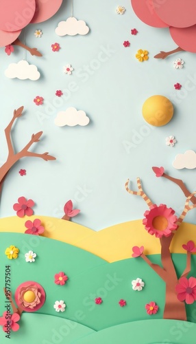 Papercraft nature scene with trees, flowers, and a sun.