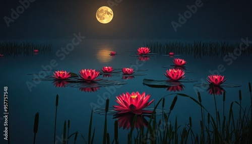 A still lake with red lotuses glowing in the moonlight, fringed by cattails photo