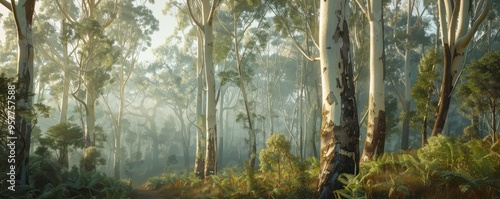 Towering eucalyptus trees in misty morning light, 4K hyperrealistic photo