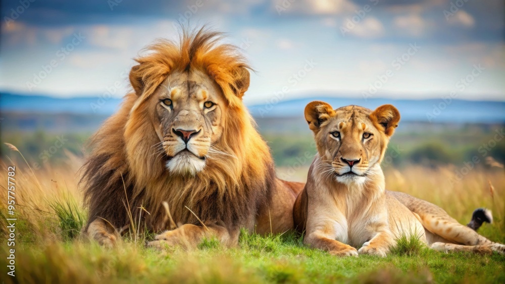 Majestic lion and lioness resting in the savanna , Big cats, wildlife, African, safari, pride, couple, predators, carnivores, mane Majestic lion and lioness resting in the savanna , Big cats, wildlife, African, safari, pride, couple, predators, carnivores, mane