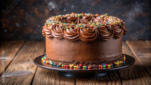 Decadent chocolate cake with rich frosting and sprinkles, chocolate, cake, dessert, sweet, indulgent, bakery, treat
