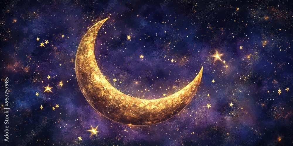 Golden Crescent Moon in a Starry Night Sky Golden Crescent Moon in a Starry Night Sky