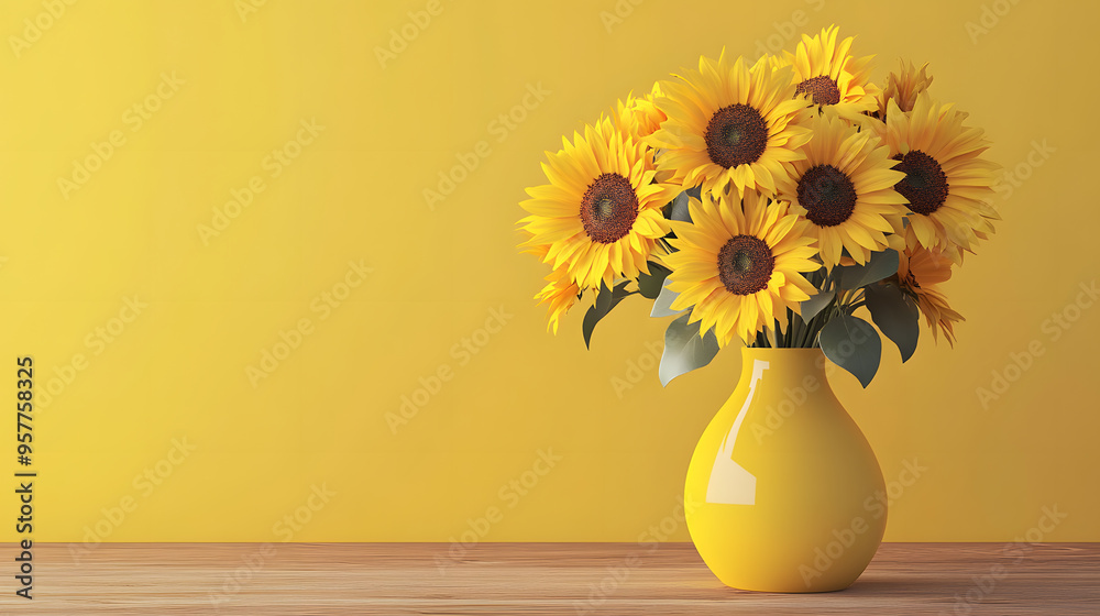 A bouquet of sunflowers in a yellow vase against a yellow wall. A bouquet of sunflowers in a yellow vase against a yellow wall.