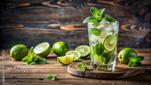 Refreshing mojito cocktail served in a glass with fresh mint leaves and lime on a wooden table , Mojito, cocktail, drink