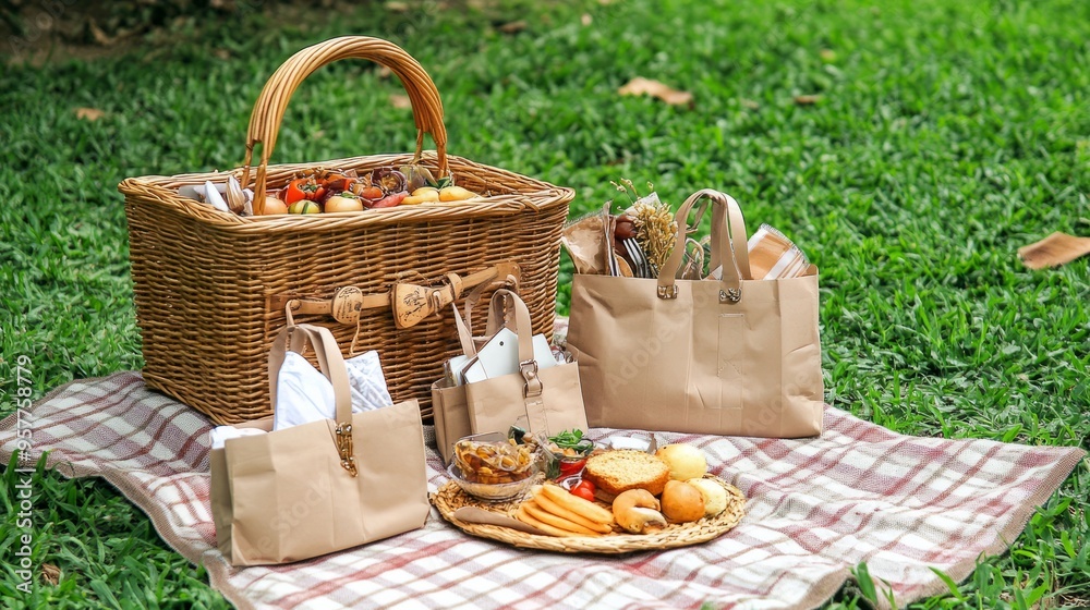 The picnic basket was filled with food and personal accessories, wrapped in reusable paper bags and placed on a blanket on the green grass The picnic basket was filled with food and personal accessories, wrapped in reusable paper bags and placed on a blanket on the green grass