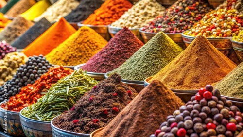 Fototapeta Naklejka Na Ścianę i Meble -  Colorful display of vibrant spices in a bustling Arabic bazaar in Turkey , vibrant, spices, market, Arabic, bazaar