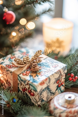 Festive Christmas Gift Wrapped in Floral Pattern