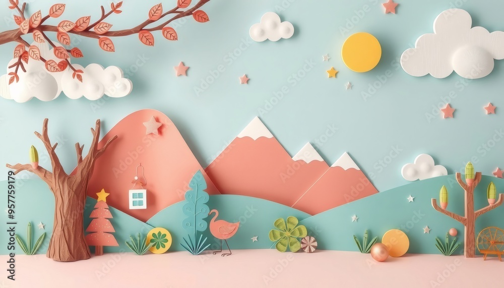 Papercraft Landscape With Trees, Mountains, Sun, And Stars. Papercraft Landscape With Trees, Mountains, Sun, And Stars.