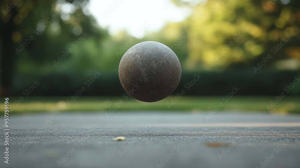 Stone Sphere Floating Above Pavement With Green Blurred Background