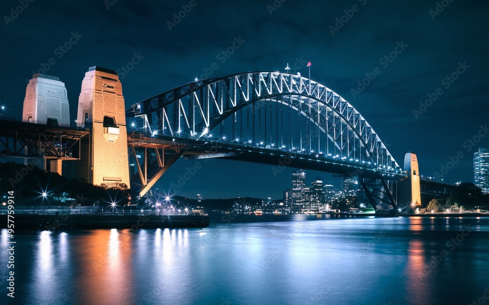 Fototapeta premium Harbour Bridge at Night: Illuminated Sydney Skyline with Reflections Background