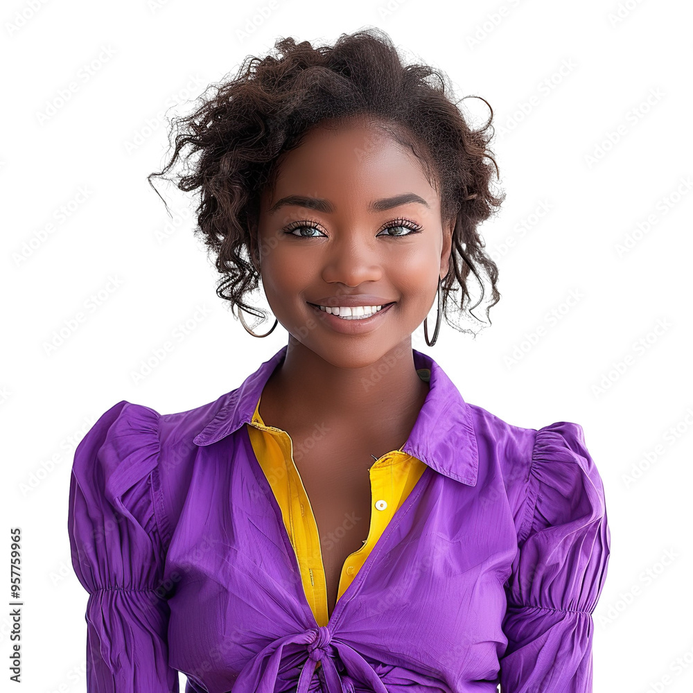 Front view mid body shot of an extremely beautiful 25 year old African woman in a vibrant neon purple blouse and neon yellow jeans isolated on a white transparent background Front view mid body shot of an extremely beautiful 25 year old African woman in a vibrant neon purple blouse and neon yellow jeans isolated on a white transparent background