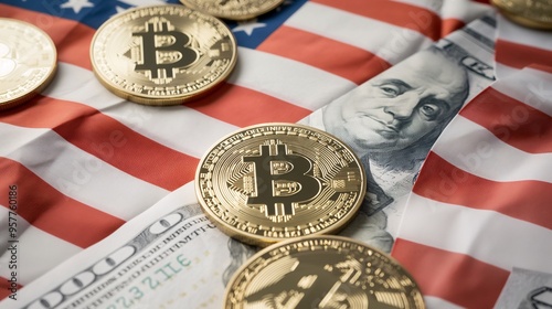 Bitcoin on American Flag: A close-up view of Bitcoin cryptocurrency coins scattered across an American flag, with a US dollar bill peeking out from underneath