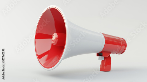 赤色と白色の光沢のある音声メガホンを3Dで立体的に描いたAI生成画像