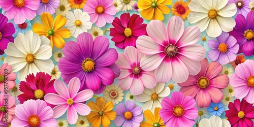 Colorful seamless pattern of cosmos flowers, cosmos, flowers, seamless, pattern, floral, backgrounds, full color, vibrant