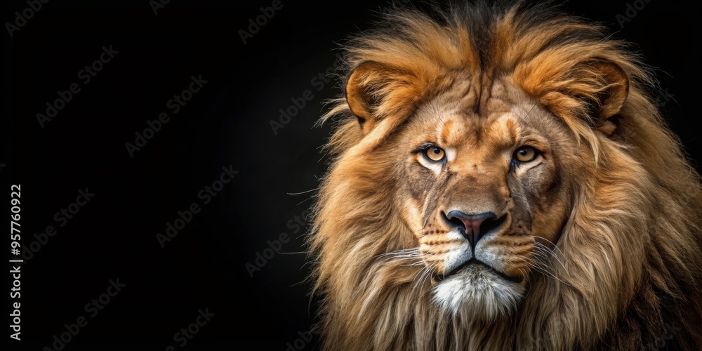 Close up detailed image of a majestic lion head against a black background, lion, predator, wildlife, majestic, feline, big cat Close up detailed image of a majestic lion head against a black background, lion, predator, wildlife, majestic, feline, big cat