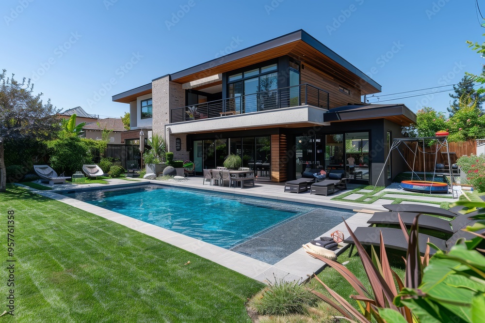 Fototapeta premium Modern two-story home in Long Beach, California, with large backyard, pool, and manicured lawn. Wide-angle view featuring patio and lounge area under bright sunny sky.