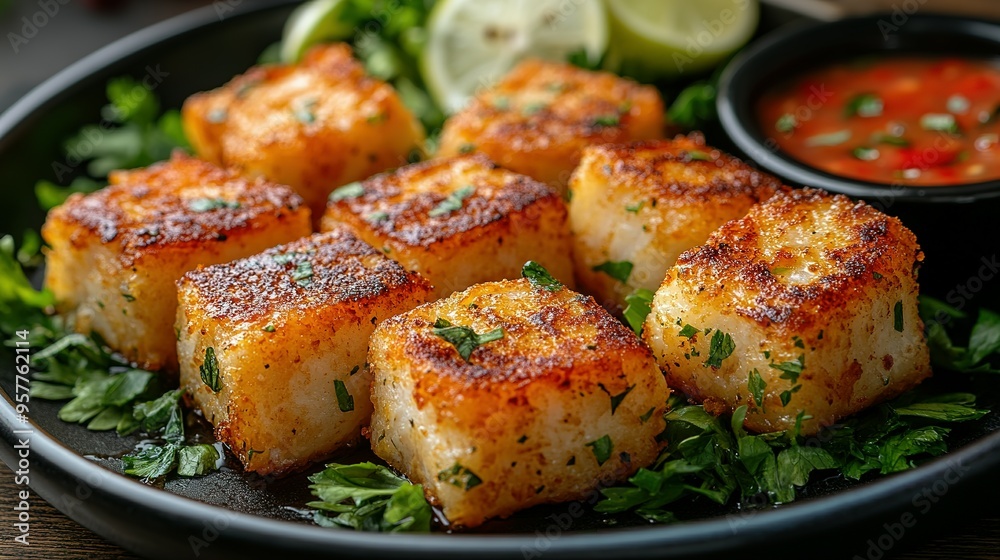 Close-up of Crispy Fried Scallops on a Bed of Parsley with Sauce