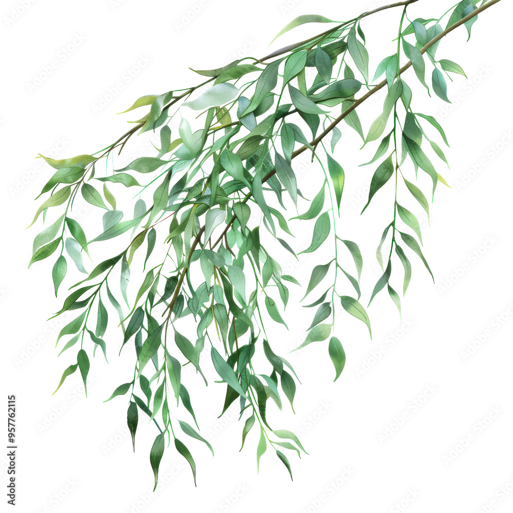 Fototapeta premium A vivid display of lush green leaves gracefully cascading, showcasing natural beauty and vitality, perfect for evoking tranquility and a sense of peace in design.