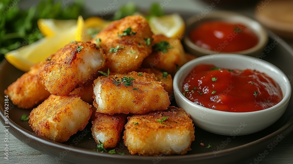Crispy Fried Fish Sticks with Ketchup and Lemon Wedges Crispy Fried Fish Sticks with Ketchup and Lemon Wedges